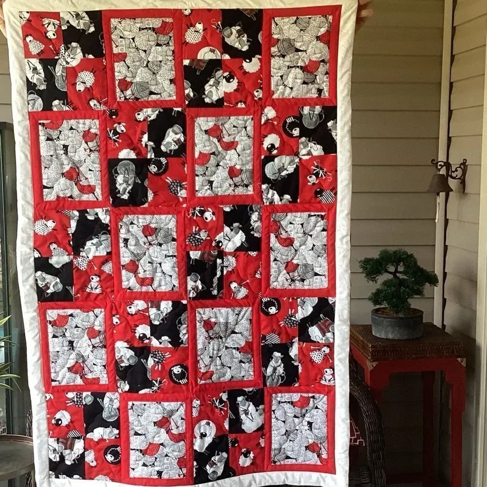 NWT. Black White and Red Sheep Lap Quilt Hand Crafted